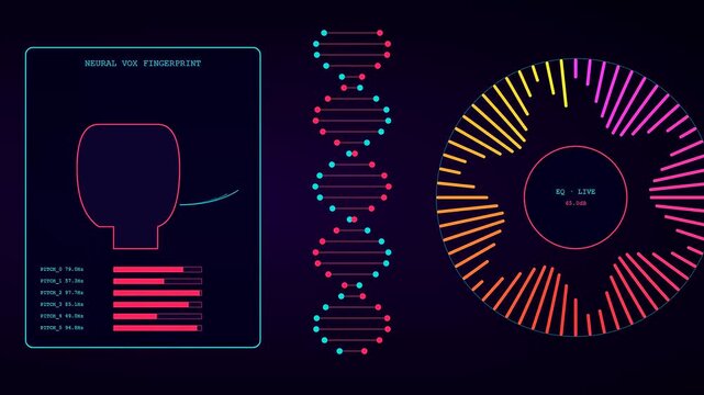 Digital voice banking interface showing rhythmic sound waves and bioluminescent dna strands pulsing inside glowing circular windows against a dark gradient backdrop with streaming data bars
