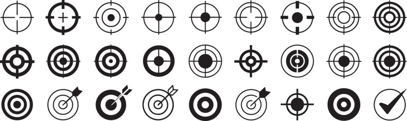 Collection of target and crosshair icons vector graphics featuring various styles of aiming marks for precision shooting tactical scopes games focus signs and marketing strategy concepts. © Somina