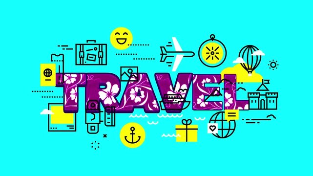 Vacation travel concept animation featuring purple floral typography text with summer holiday icons on green background.