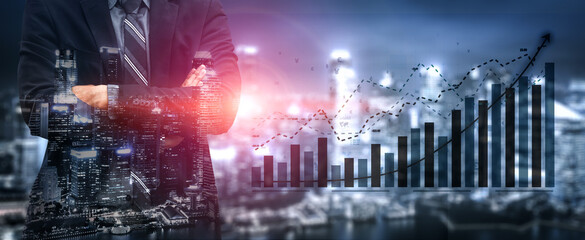 A confident businessman in a suit stands with arms crossed, overlaid with a dynamic financial graph showcasing growth, set against a vibrant cityscape. Impute © InfiniteFlow
