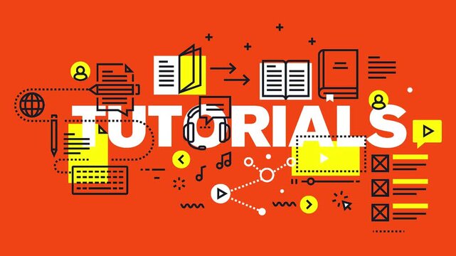 Tutorials education concept animation featuring white typography text with online learning line icons.