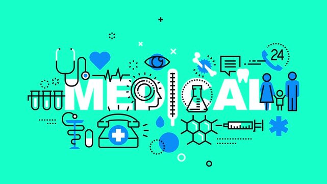 Medical healthcare concept animation featuring white typography text with clinical outline icons on a green background.