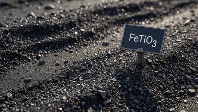 Small black sign word fetio3 written white capital letters mounted metal pole placed gravel ground covered roc