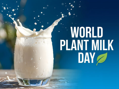 World plant milk day celebration with splashing glass of milk