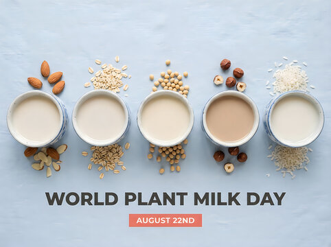 World plant milk day concept almond oat soy hazelnut and rice milk