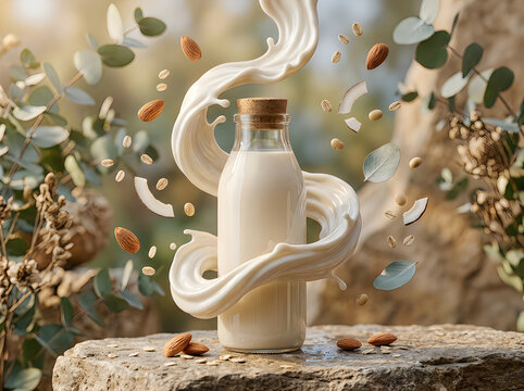 Glass bottle of almond milk on a stone with dynamic splash and natural ingredients