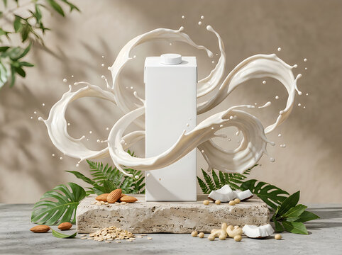 Non dairy milk carton on natural background with nuts and leaves