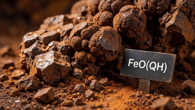 Pile small rocks pebbles ground dark brown color appear rough uneven center there black sign white text reads