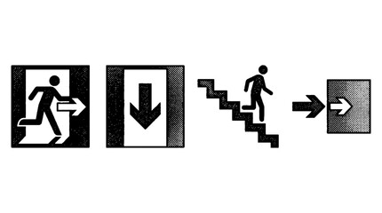 Fototapeta premium This image presents vector halftone graphics of emergency exit signs, clearly indicating safety routes and emphasizing the importance of quick evacuation in emergencies.