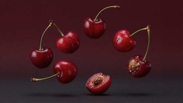 Red cherries mid-air, some halved, against deep maroon backdrop.