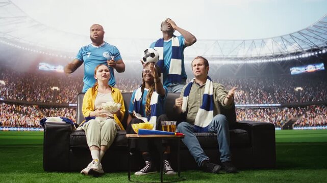 Upset soccer fans react to a tense game on immersive TV, feeling pitch-side during a dramatic match with negative stadium experience.