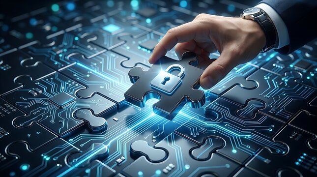 Cybersecurity solution puzzle piece with lock icon integrated into digital circuit board