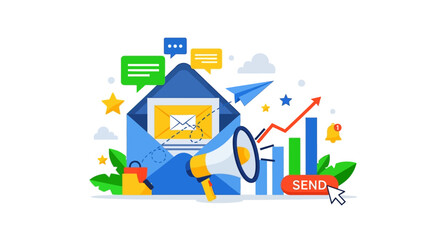 Fototapeta premium Digital Email Marketing Campaign Illustration with Megaphone and Analytics.