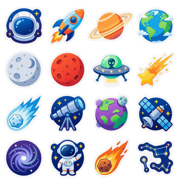 A modern, high-quality collection of 16 detailed cosmic vector stickers with white contour outlines, featuring astronauts, futuristic rockets, alien spaceships, planets like Earth and Mars, a satellit