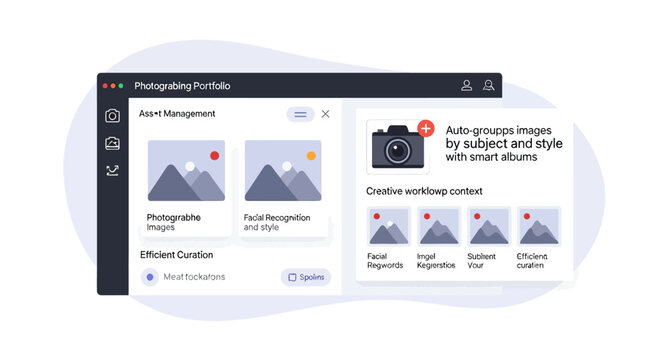 Digital photo organization software interface featuring smart album technology and automated image categorization.