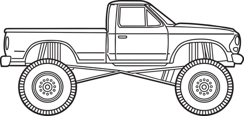 Pickup truck vector line art illustration featuring monster vehicle silhouette with big wheels for custom automotive design graphics suitable for coloring books or creative industrial printing. © Somina