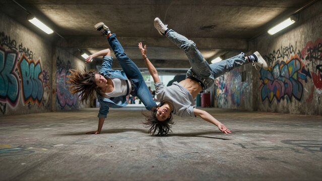 Two dancers execute a dynamic flip in an urban graffiti-lined tunnel.