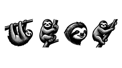 Fototapeta premium This charming vector artwork of sloths in halftone style captures their adorable characteristics and serene nature, perfect for nature and animal lovers.