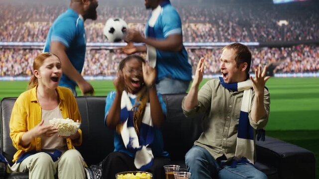 Soccer supporters doing high five after goal while watching football on television with immersive stadium atmosphere while ecstatic men and women celebrate at home during realistic live match.
