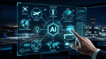 Fototapeta premium Futuristic AI Aviation Operations Dashboard with Smart Airport Control Interface