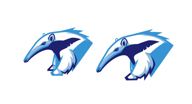 Blue Anteater Head Illustration Pair.