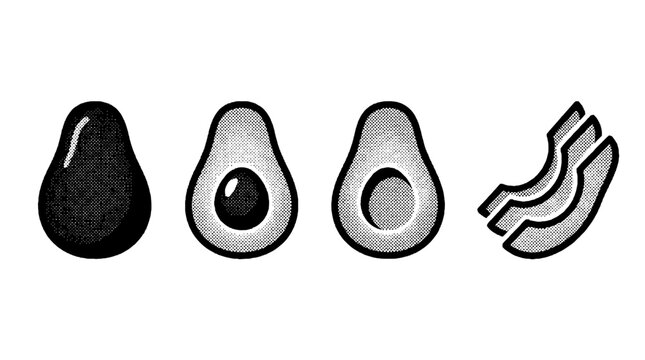 This vector art showcases halftone avocados and slices, symbolizing health, nourishment, and aesthetic food choices, perfect for vegan and healthy living themes.