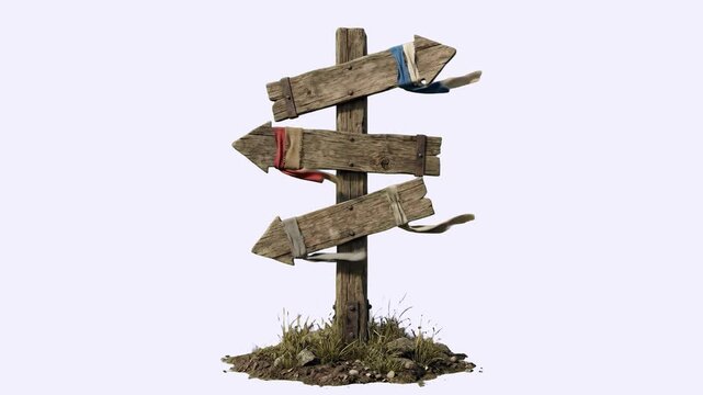 A wooden signpost with multiple blank arrow directional signs standing on a patch of earth against a light background.