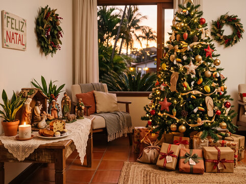 Cozy tropical living room with Christmas decorations and view