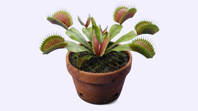 A Venus flytrap plant with open carnivorous traps growing in a terra cotta pot isolated on a light background.