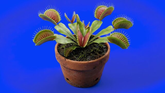 A detailed 3D rendering of a carnivorous Venus flytrap plant inside a rustic terracotta clay pot, showcasing open traps with sensitive trigger hairs, isolated on a solid blue background. Ideal for bot