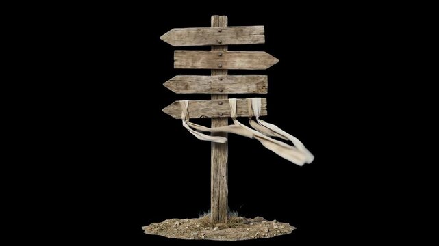 A weathered wooden directional signpost with multiple arrow boards and tattered cloth ribbons blowing in the wind against a dark background. Ideal for adventure games, survival horror scenes, and fant