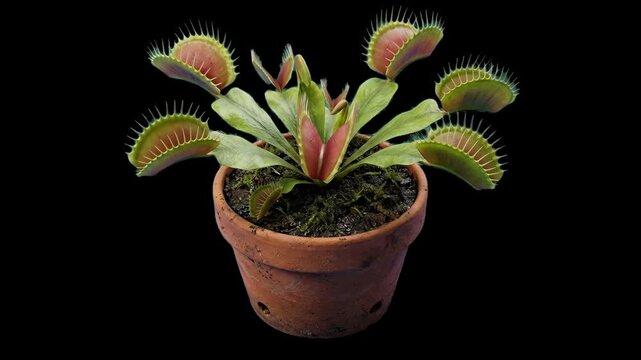 A detailed potted Venus flytrap (Dionaea muscipula) carnivorous plant with open red trap jaws isolated against a black background. Great for botany documentaries, predatory plant studies, and exotic f