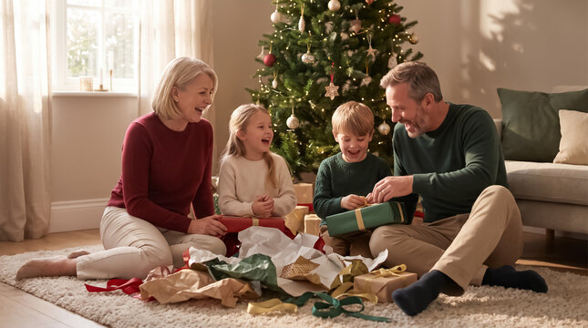 Multi generation family helping children open Christmas gifts