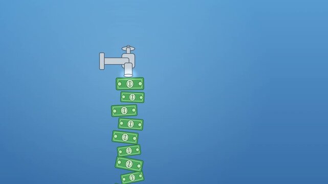 Money faucet dripping dollar bills instead of water, passive income concept, flat vector illustration