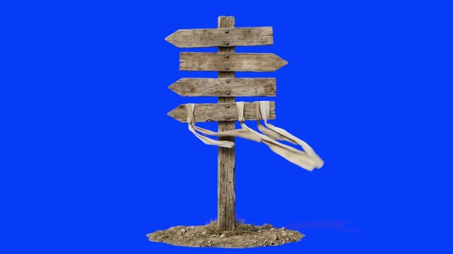 Detailed 3D model of a rustic wooden directional signpost with multiple arrow boards and fluttering cloth ribbons, set against a solid bright blue background. Ideal for navigation animations, adventur