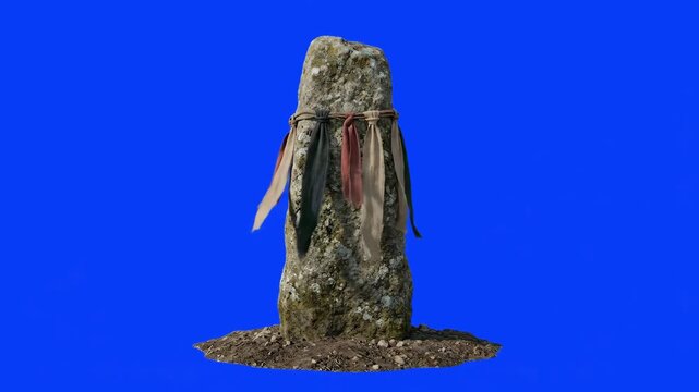 Detailed 3D model of an ancient sacred standing stone (menhir) wrapped with ritual feathers and cloth ribbons, isolated on a bright solid blue background. Excellent for pagan lore documentaries, fanta