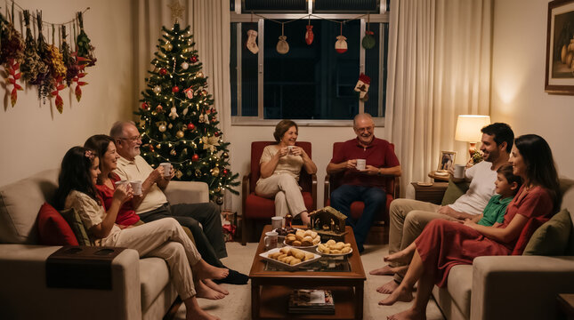 Joyful family sharing Christmas meal in decorated living room
