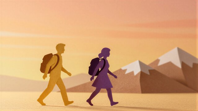 Two paper cutout figures walk toward mountains at golden sunset.