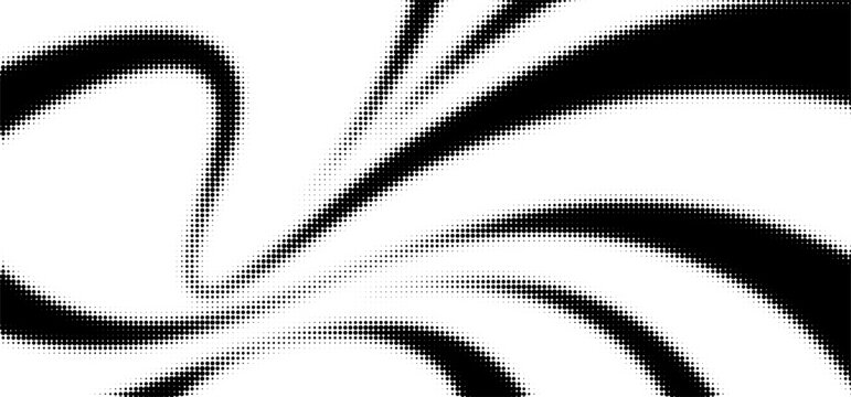 Halftone Dotted Monochrome Waves. Abstract Vector Dynamic Lines with Dots. Curved Ribbons with Halftone Texture Effect.