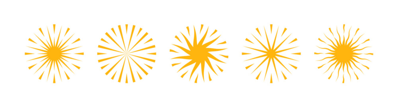 Sun Burst Rays Line Set. Golden Vector Sunburst Geometric Icons. Abstract Firework Yellow Symbols.