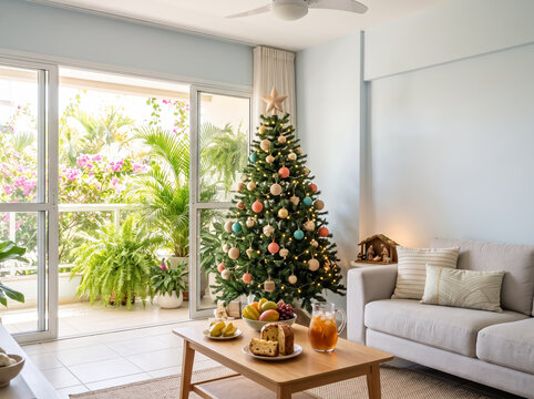 Colorful Christmas tree in bright tropical living room