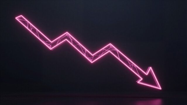 Pink neon arrow graph shows downward trend against dark background.