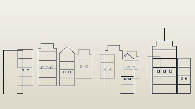 Cartoon doodle outline vector buildings animation, city skyline simple line drawings forming an urban landscape