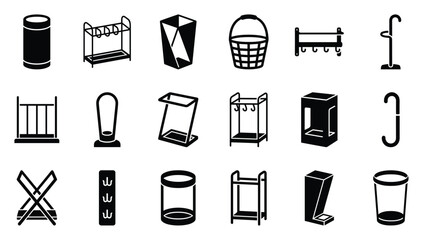 Umbrella stand and holder vector icon set featuring entryway organizers, hallway racks, decorative containers, storage bins, coat stands and home foyer accessories for interior design projects. © Sami