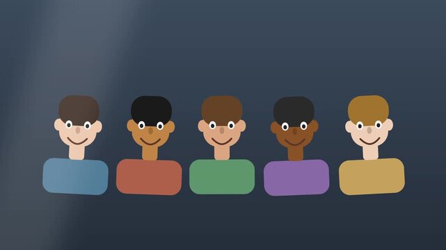 Diverse group of cartoon men heads with varied skin tones and hair colors, pixel art style, simple flat illustration