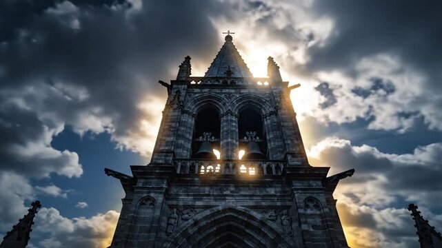Dramatic silhouette of an old stone church bell tower against a stormy sunset sky.