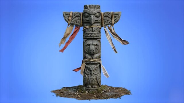 A weathered wooden totem pole carved with indigenous animal spirits, including an eagle, bear, and owl, decorated with hanging fabric ribbons, isolated against a solid blue backdrop. Great for histori