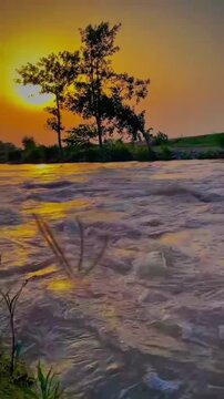 Flowing river water during golden sunset