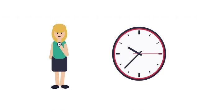 Animation of a worried woman checking her wristwatch against a large wall clock, time management and punctuality concepts