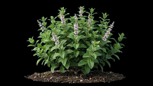 A realistic 3D animated mint plant with purple blossoms grows from a patch of soil, its leaves swaying gently. This botanical element is isolated on a solid black background.